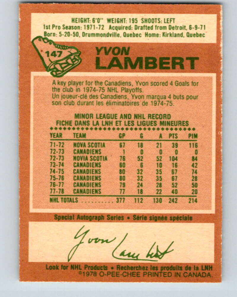 1978-79 O-Pee-Chee #147 Yvon Lambert  Montreal Canadiens  V22980