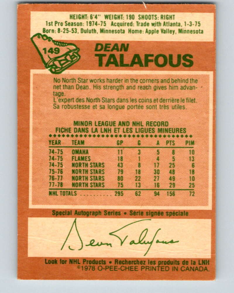 1978-79 O-Pee-Chee #149 Dean Talafous  New York Rangers  V22993