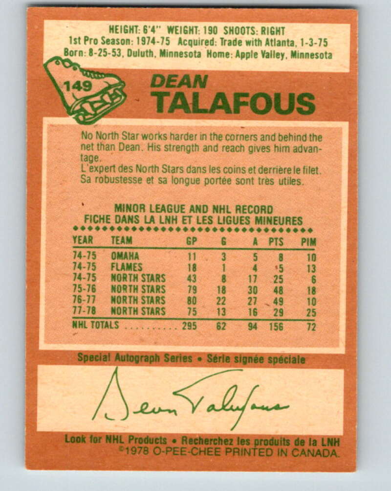 1978-79 O-Pee-Chee #149 Dean Talafous  New York Rangers  V22994