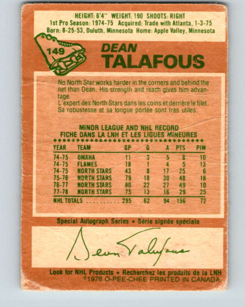 1978-79 O-Pee-Chee #149 Dean Talafous  New York Rangers  V22998