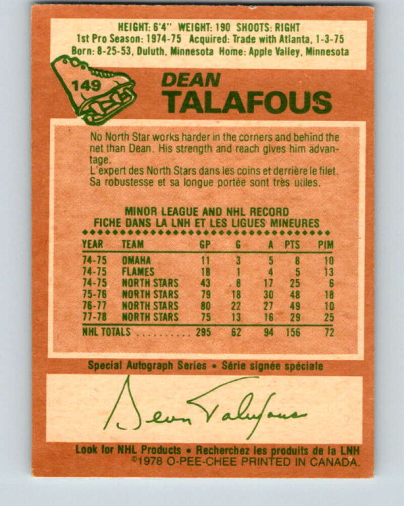 1978-79 O-Pee-Chee #149 Dean Talafous  New York Rangers  V23000