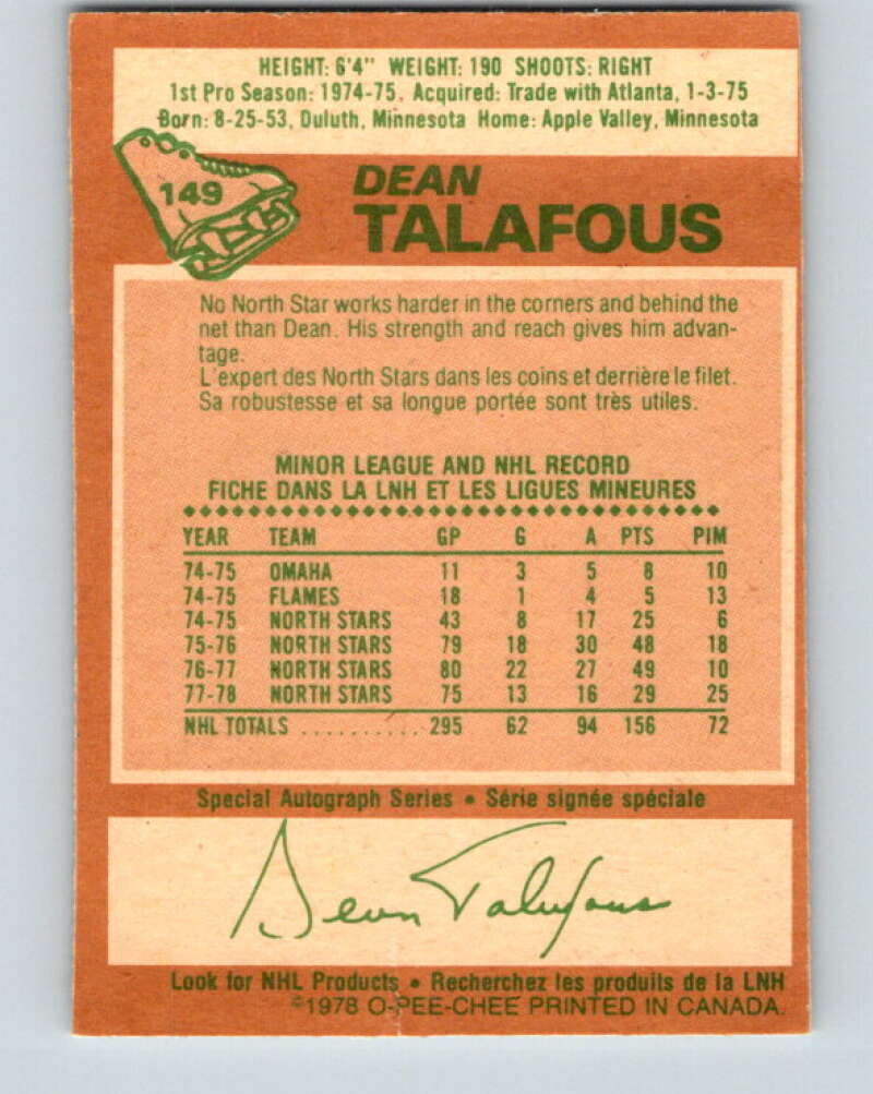 1978-79 O-Pee-Chee #149 Dean Talafous  New York Rangers  V23002