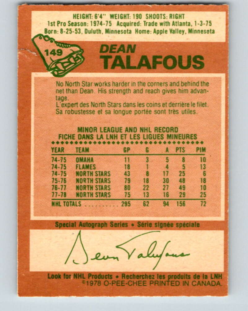 1978-79 O-Pee-Chee #149 Dean Talafous  New York Rangers  V23003
