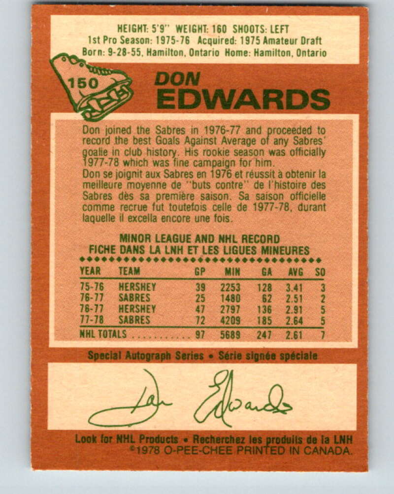 1978-79 O-Pee-Chee #150 Don Edwards AS  Buffalo Sabres  V23010