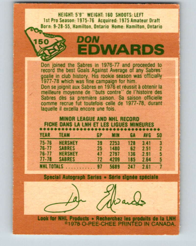 1978-79 O-Pee-Chee #150 Don Edwards AS  Buffalo Sabres  V23016