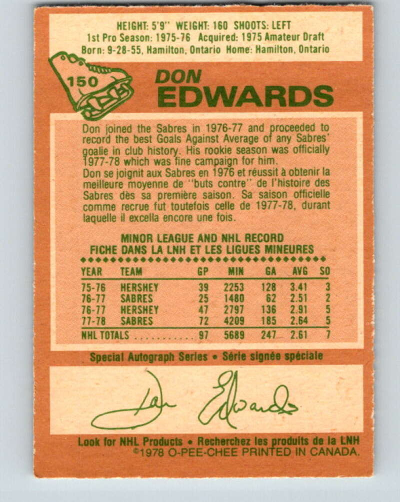 1978-79 O-Pee-Chee #150 Don Edwards AS  Buffalo Sabres  V23018