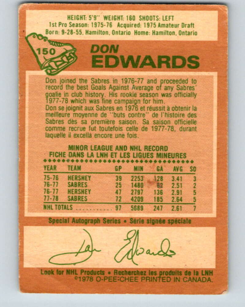 1978-79 O-Pee-Chee #150 Don Edwards AS  Buffalo Sabres  V23020