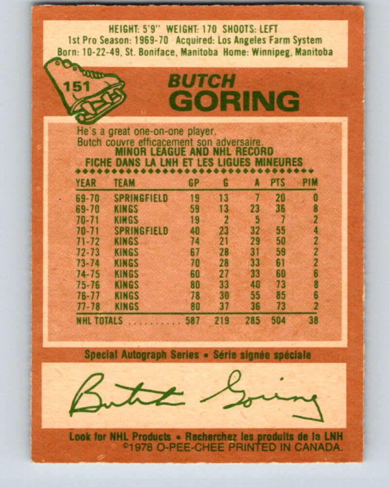 1978-79 O-Pee-Chee #151 Butch Goring  Los Angeles Kings  V23021