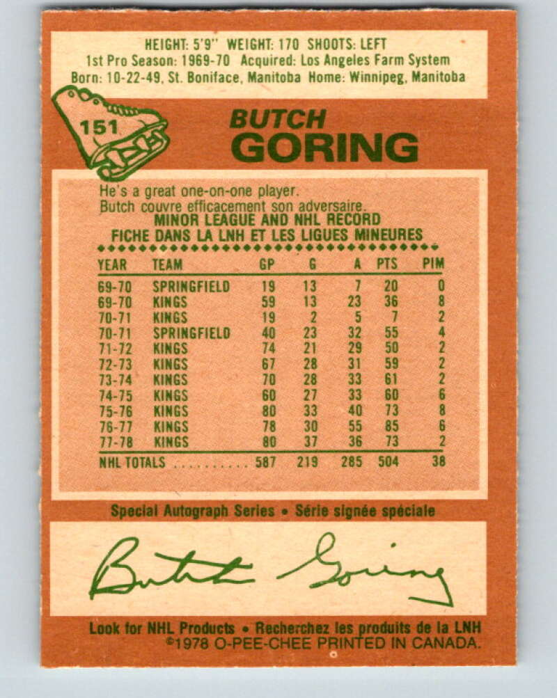 1978-79 O-Pee-Chee #151 Butch Goring  Los Angeles Kings  V23022
