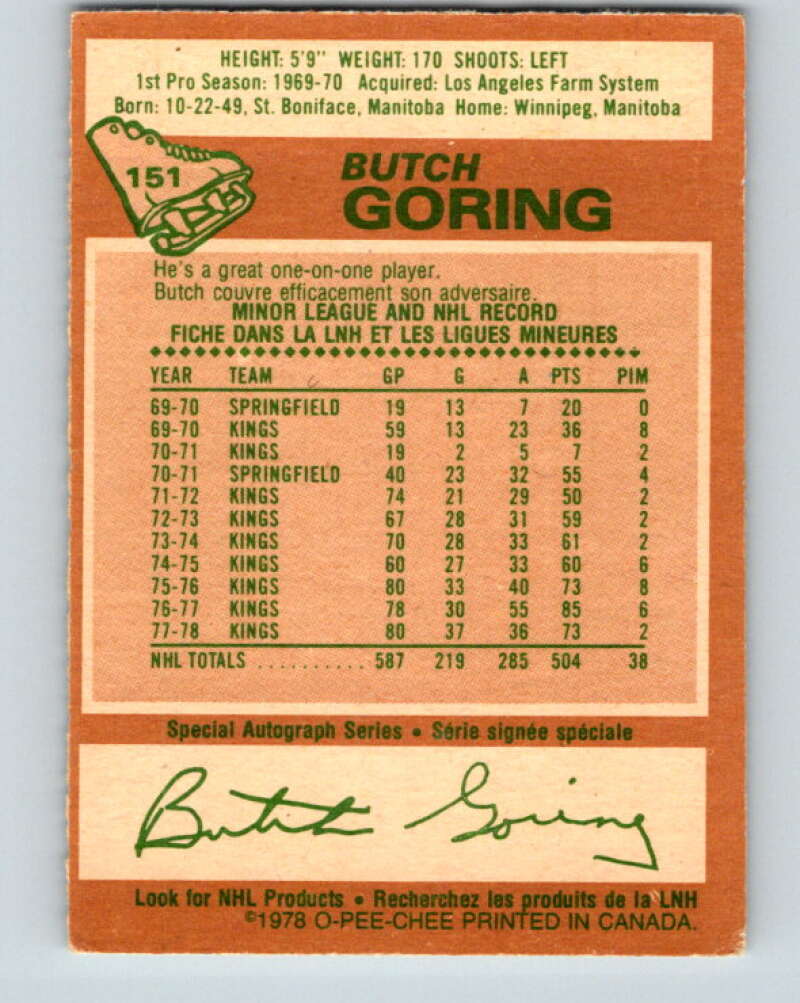 1978-79 O-Pee-Chee #151 Butch Goring  Los Angeles Kings  V23023
