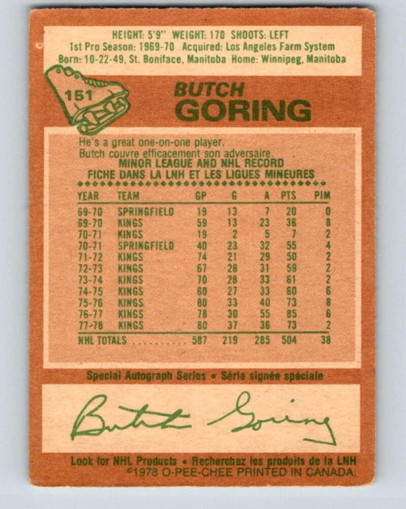 1978-79 O-Pee-Chee #151 Butch Goring  Los Angeles Kings  V23024