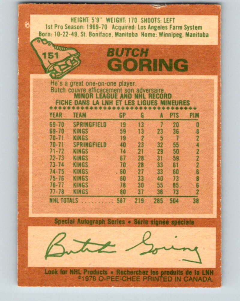 1978-79 O-Pee-Chee #151 Butch Goring  Los Angeles Kings  V23026
