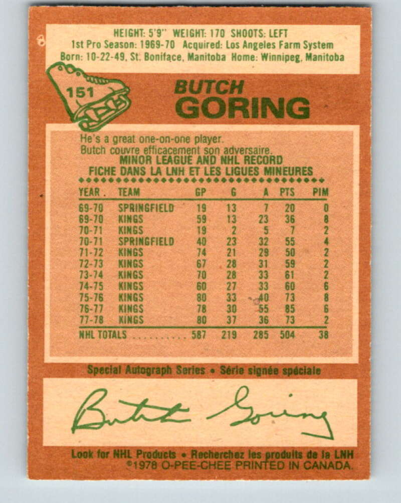 1978-79 O-Pee-Chee #151 Butch Goring  Los Angeles Kings  V23028
