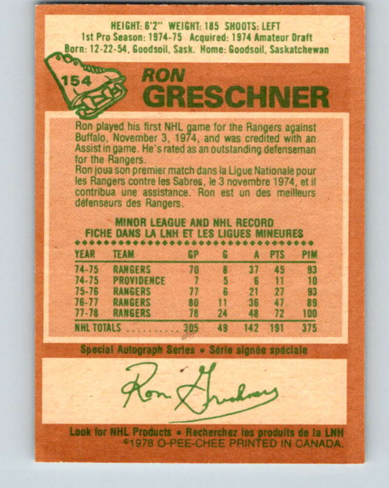 1978-79 O-Pee-Chee #154 Ron Greschner  New York Rangers  V23055
