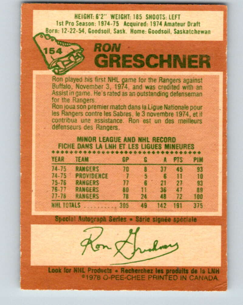 1978-79 O-Pee-Chee #154 Ron Greschner  New York Rangers  V23057