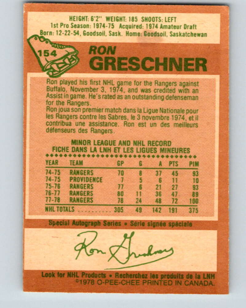 1978-79 O-Pee-Chee #154 Ron Greschner  New York Rangers  V23058