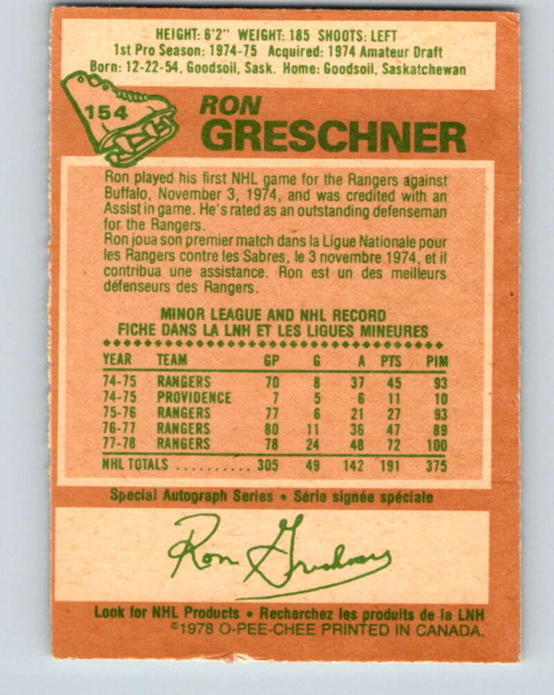 1978-79 O-Pee-Chee #154 Ron Greschner  New York Rangers  V23059