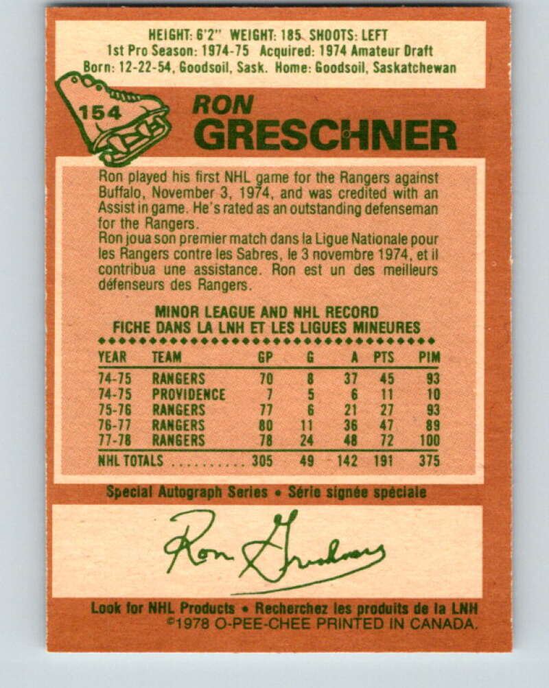 1978-79 O-Pee-Chee #154 Ron Greschner  New York Rangers  V23063