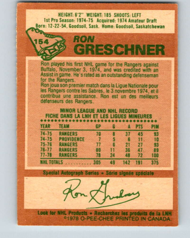 1978-79 O-Pee-Chee #154 Ron Greschner  New York Rangers  V23064