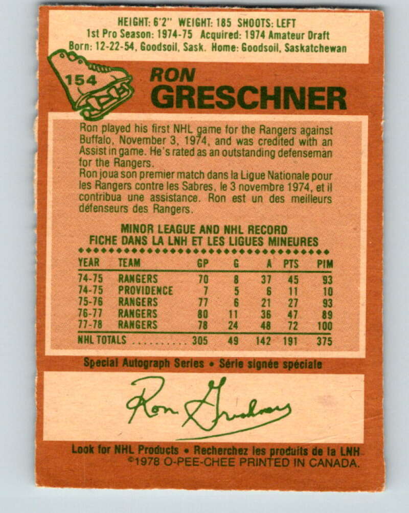 1978-79 O-Pee-Chee #154 Ron Greschner  New York Rangers  V23068