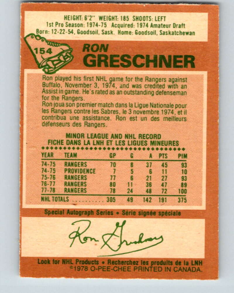1978-79 O-Pee-Chee #154 Ron Greschner  New York Rangers  V23070