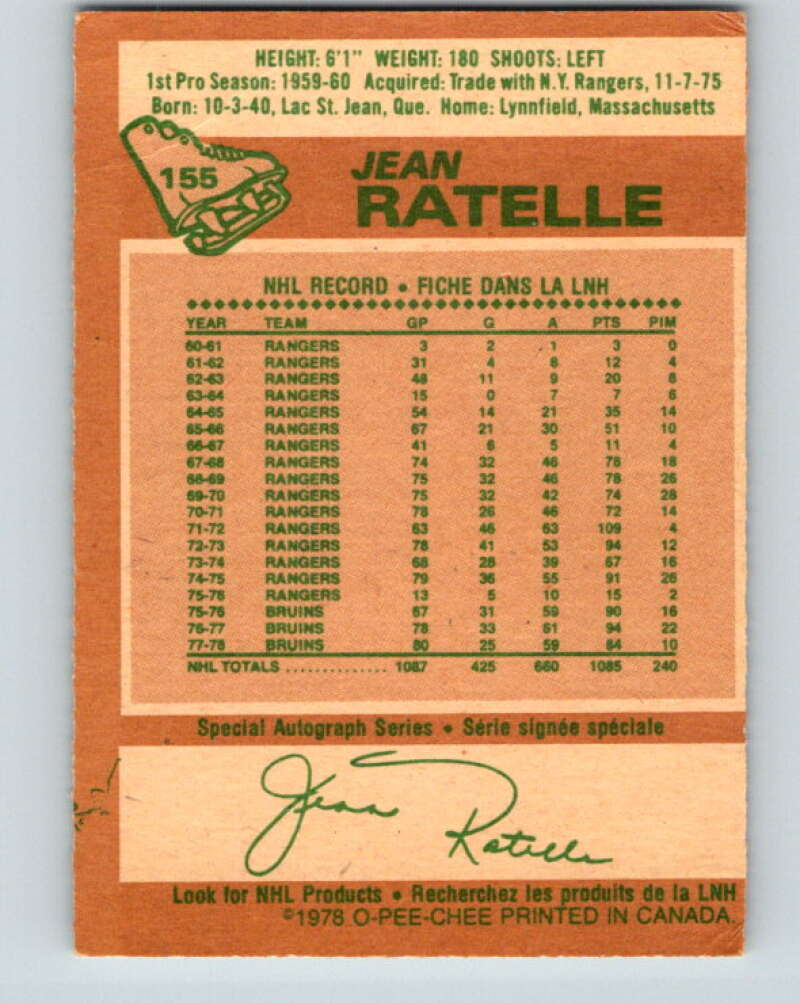 1978-79 O-Pee-Chee #155 Jean Ratelle  Boston Bruins  V23071