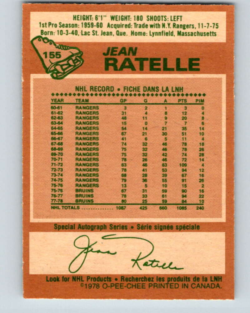 1978-79 O-Pee-Chee #155 Jean Ratelle  Boston Bruins  V23072