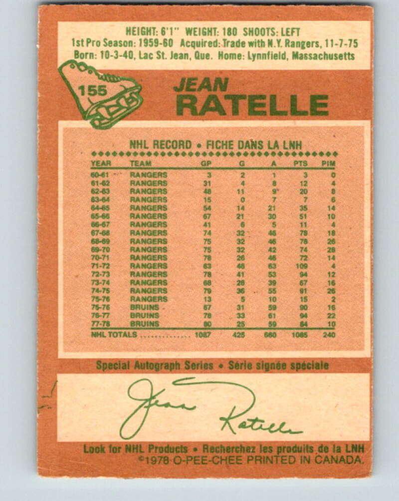 1978-79 O-Pee-Chee #155 Jean Ratelle  Boston Bruins  V23073