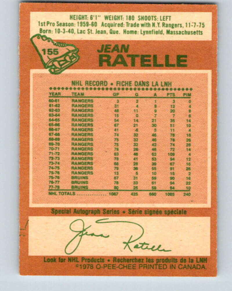 1978-79 O-Pee-Chee #155 Jean Ratelle  Boston Bruins  V23075