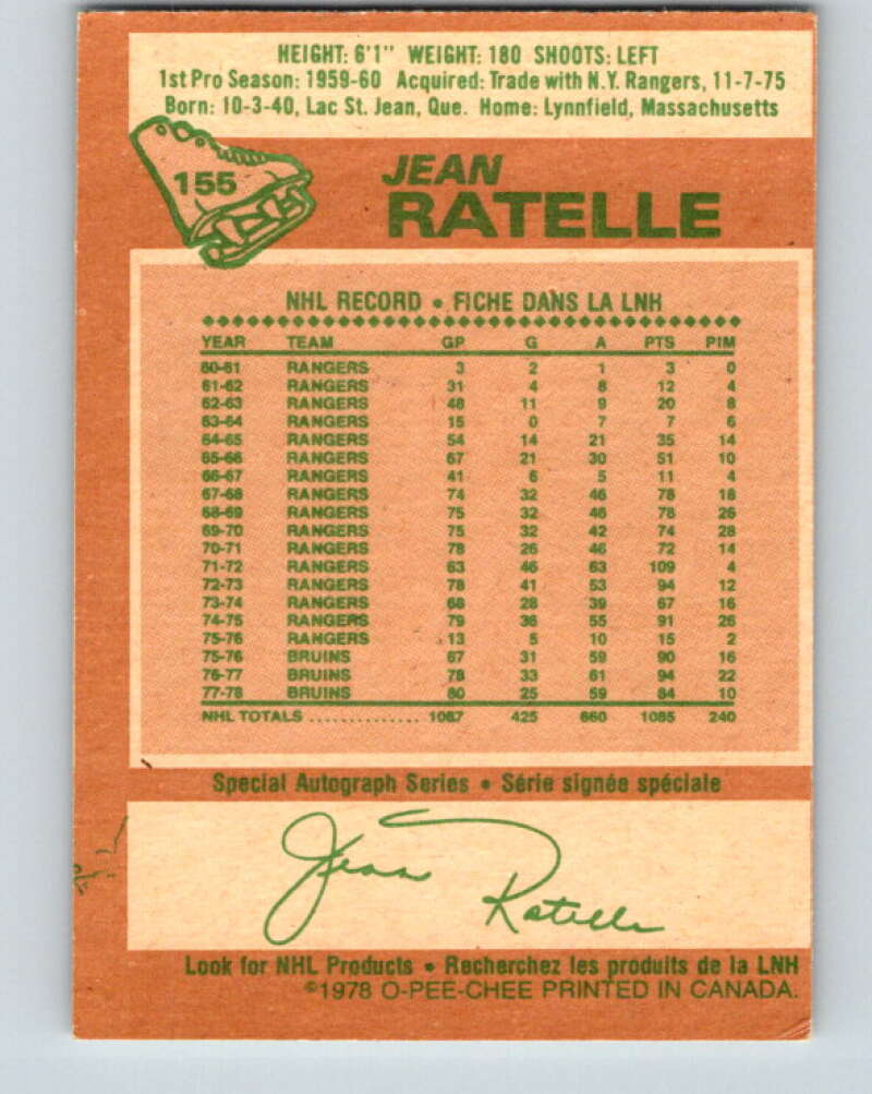 1978-79 O-Pee-Chee #155 Jean Ratelle  Boston Bruins  V23076