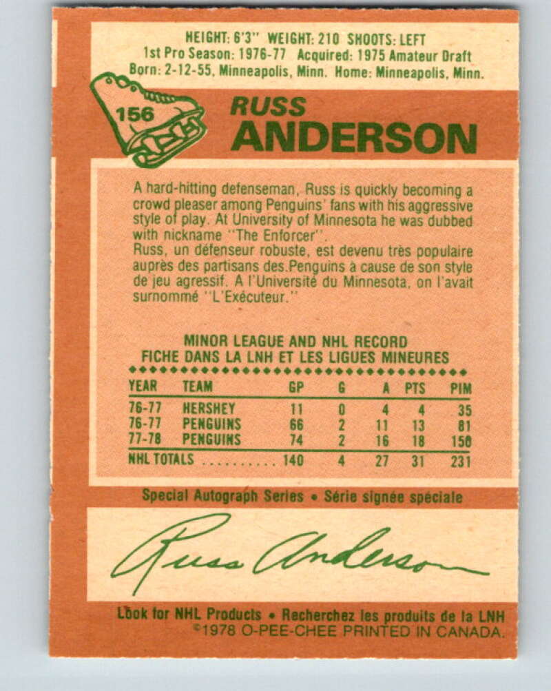 1978-79 O-Pee-Chee #156 Russ Anderson RC Rookie Penguins  V23082