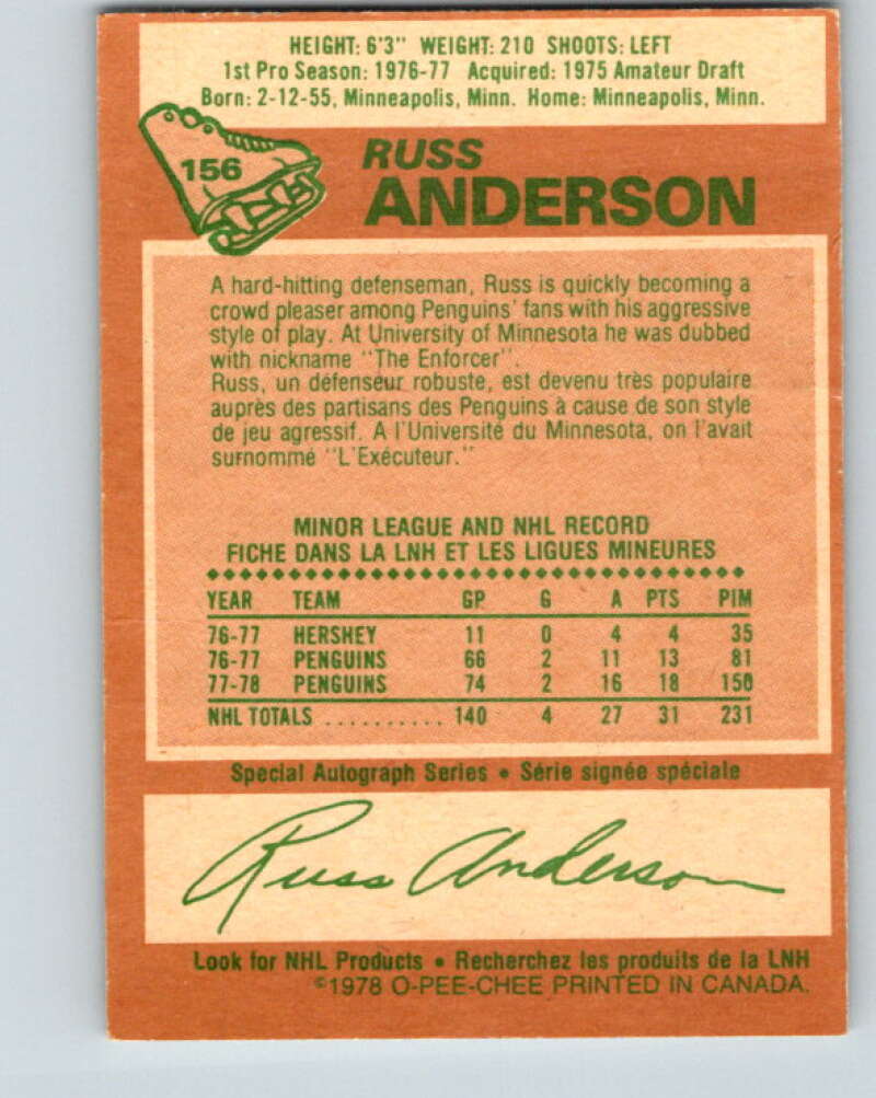1978-79 O-Pee-Chee #156 Russ Anderson RC Rookie Penguins  V23084
