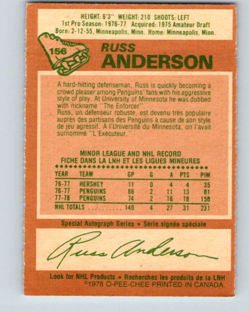 1978-79 O-Pee-Chee #156 Russ Anderson RC Rookie Penguins  V23087