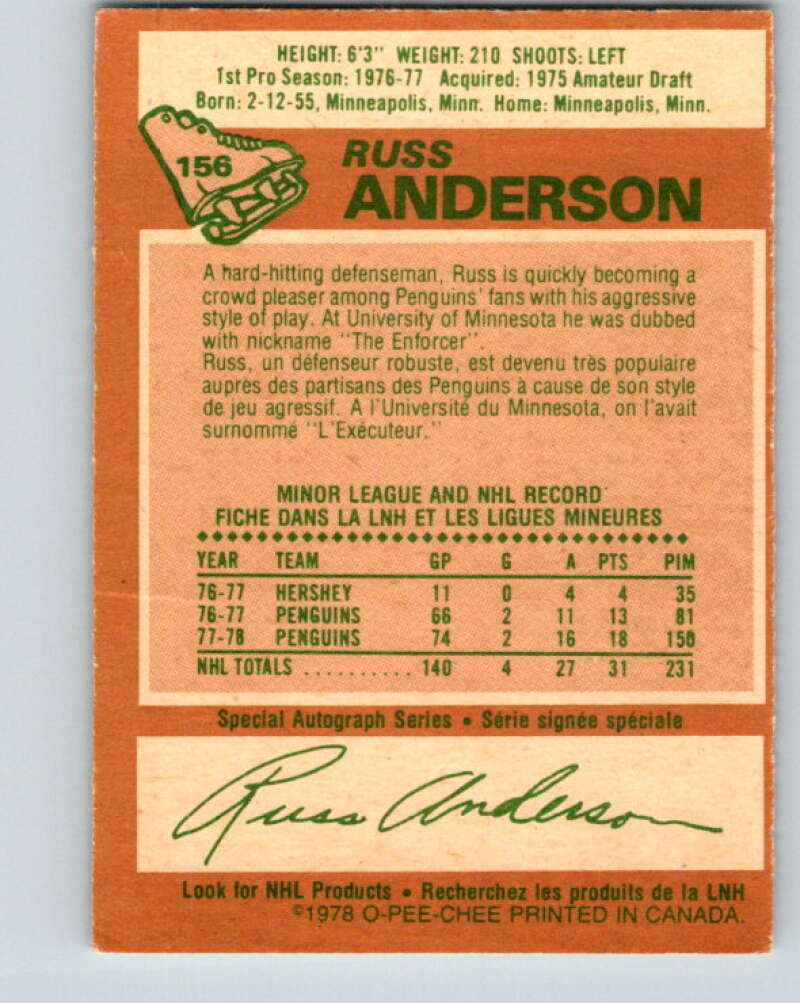 1978-79 O-Pee-Chee #156 Russ Anderson RC Rookie Penguins  V23088
