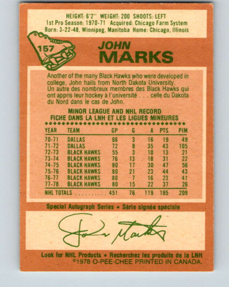 1978-79 O-Pee-Chee #157 John Marks  Chicago Blackhawks  V23093