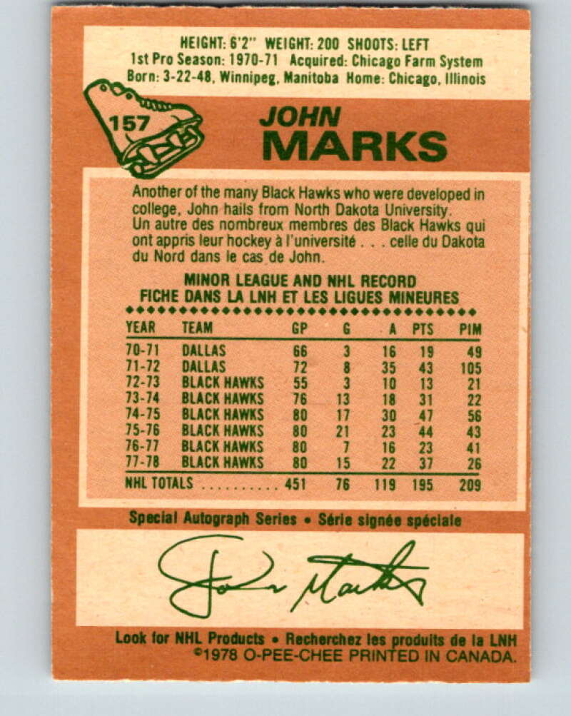 1978-79 O-Pee-Chee #157 John Marks  Chicago Blackhawks  V23094