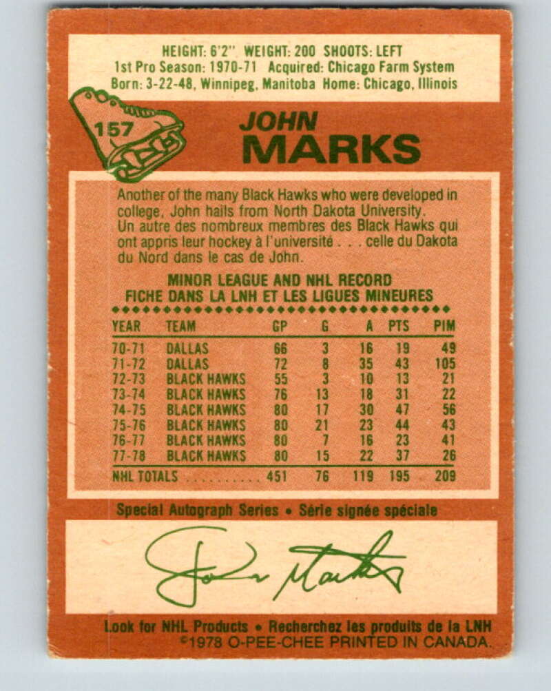 1978-79 O-Pee-Chee #157 John Marks  Chicago Blackhawks  V23096