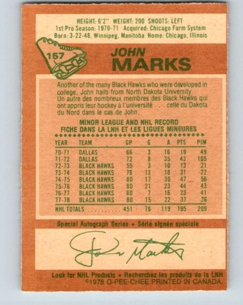 1978-79 O-Pee-Chee #157 John Marks  Chicago Blackhawks  V23097