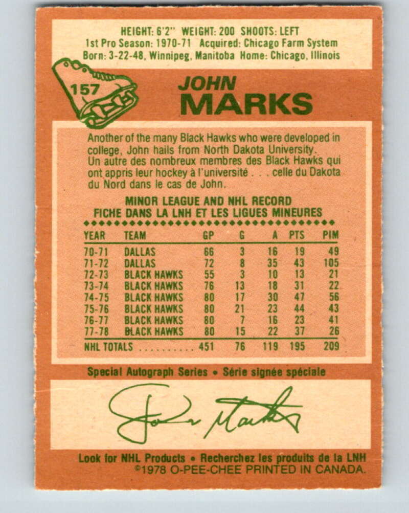 1978-79 O-Pee-Chee #157 John Marks  Chicago Blackhawks  V23098