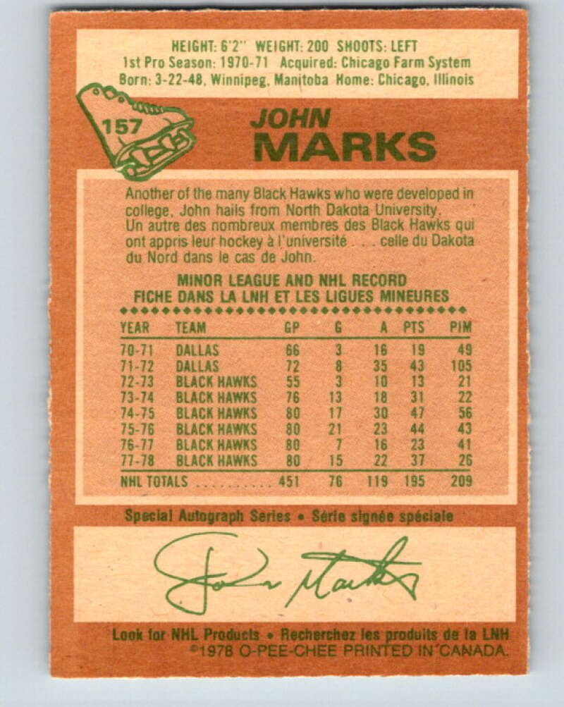 1978-79 O-Pee-Chee #157 John Marks  Chicago Blackhawks  V23099