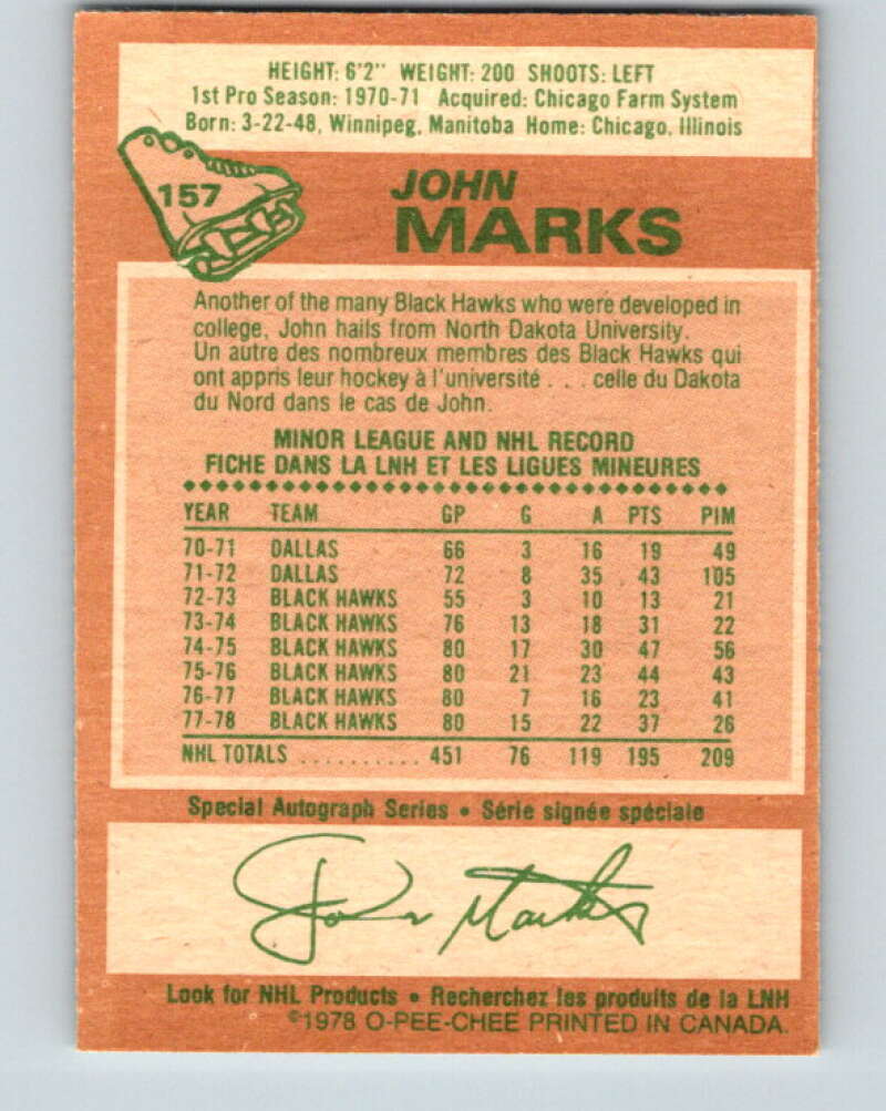 1978-79 O-Pee-Chee #157 John Marks  Chicago Blackhawks  V23100