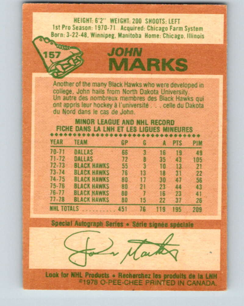 1978-79 O-Pee-Chee #157 John Marks  Chicago Blackhawks  V23102