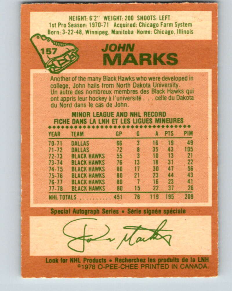 1978-79 O-Pee-Chee #157 John Marks  Chicago Blackhawks  V23103