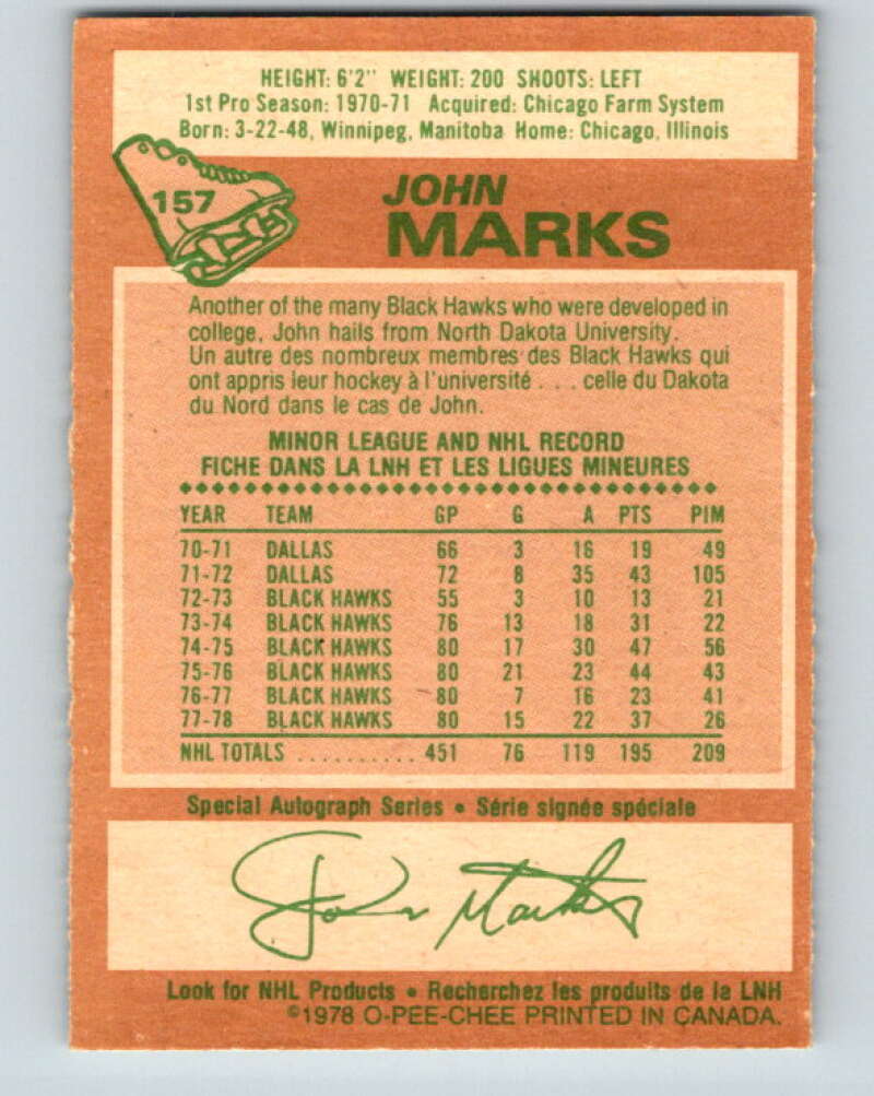 1978-79 O-Pee-Chee #157 John Marks  Chicago Blackhawks  V23104