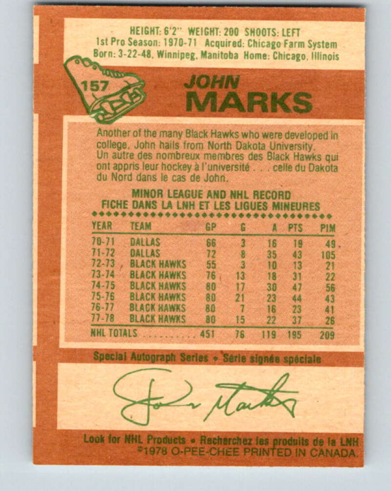 1978-79 O-Pee-Chee #157 John Marks  Chicago Blackhawks  V23105