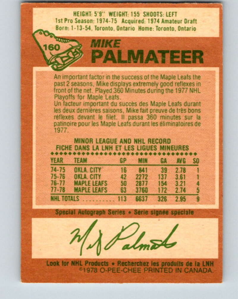 1978-79 O-Pee-Chee #160 Mike Palmateer  Toronto Maple Leafs  V23124