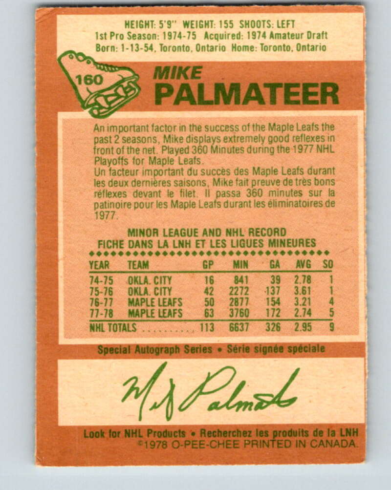 1978-79 O-Pee-Chee #160 Mike Palmateer  Toronto Maple Leafs  V23127