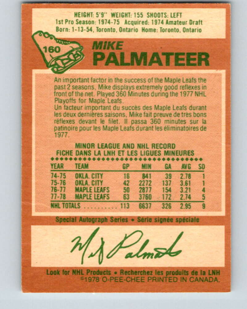 1978-79 O-Pee-Chee #160 Mike Palmateer  Toronto Maple Leafs  V23128