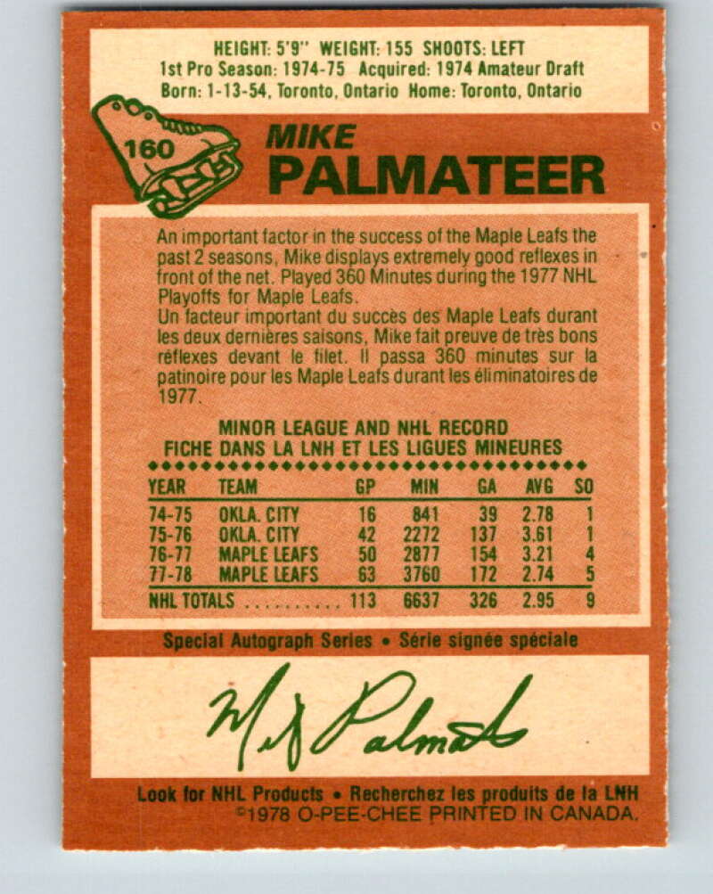 1978-79 O-Pee-Chee #160 Mike Palmateer  Toronto Maple Leafs  V23131