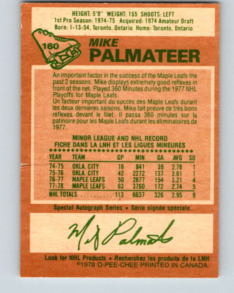 1978-79 O-Pee-Chee #160 Mike Palmateer  Toronto Maple Leafs  V23132
